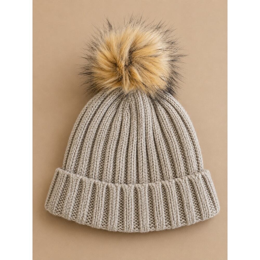 J.Crew Tan Brown Ribbed Knit Beanie Hat Faux Fur Pom Pom Wool Blend Winter